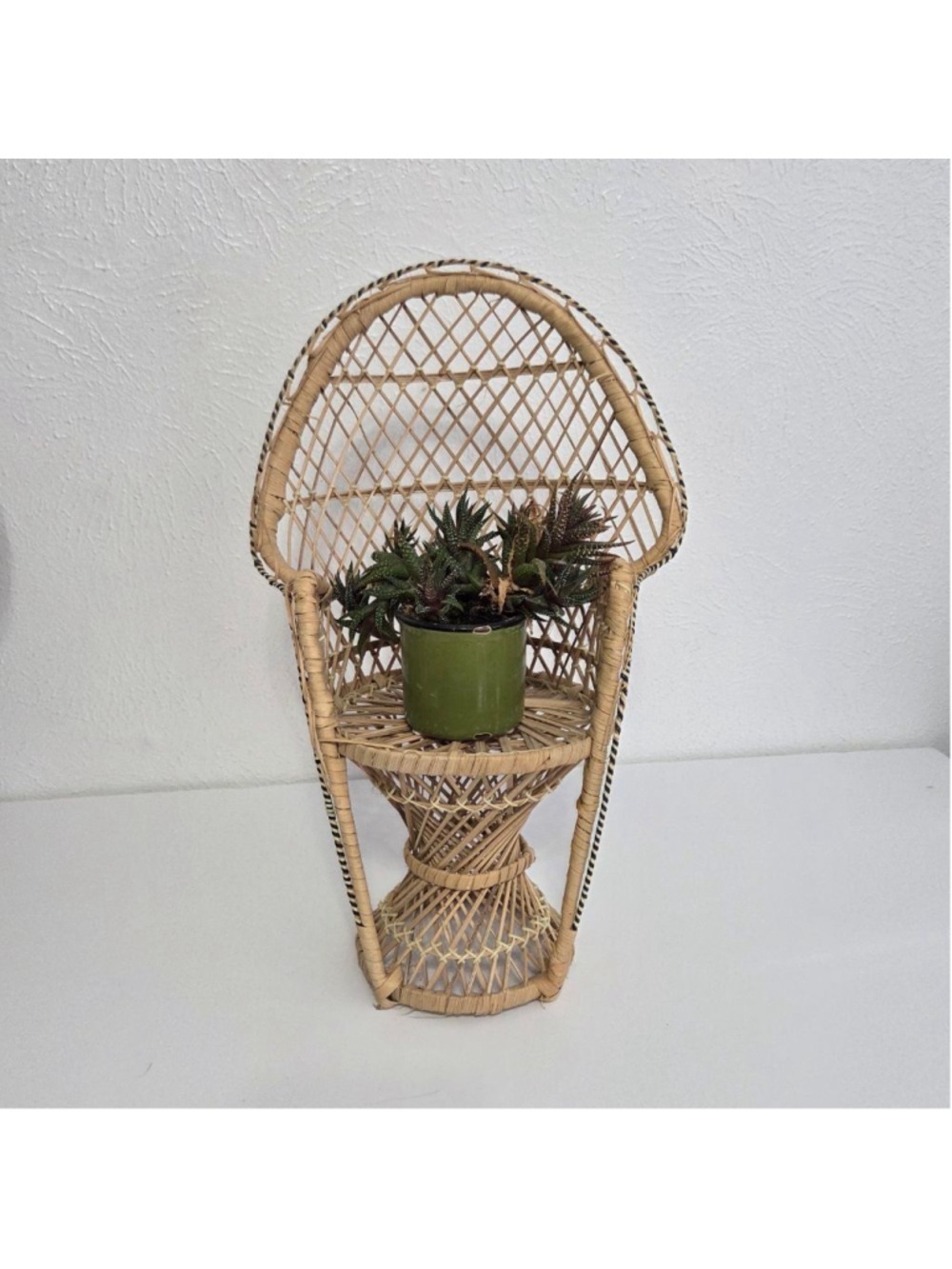 Vintage Miniature Wicker Rattan Peacock Chair Plant Stand Branded Trim Natural